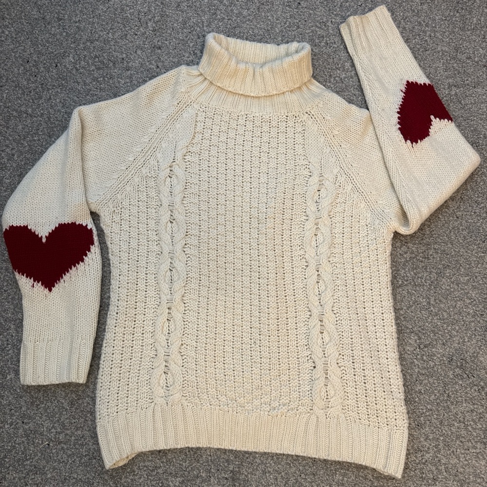 SHEIN Cream Turtleneck Sweater with Red Heart Accents